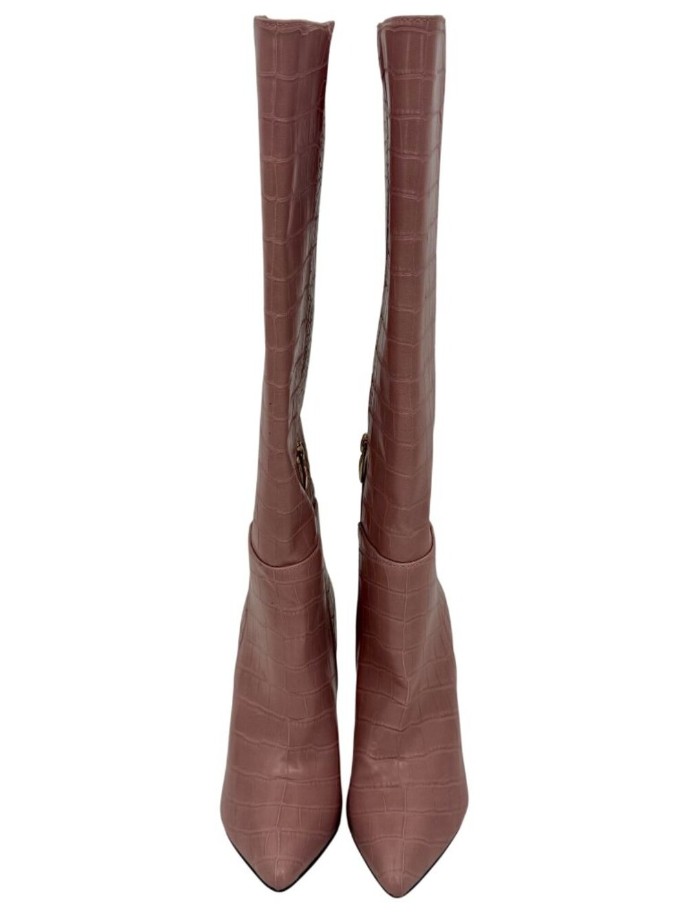 Guess Pink Vegan Croc Pointed Toe Knee High Stiletto Boots | Sexy Baddie Barbie - Picture 14 of 16